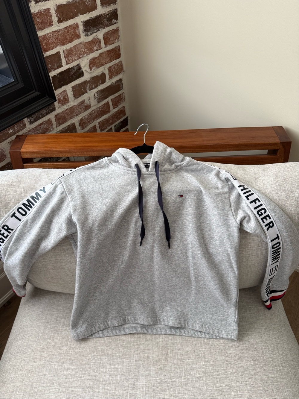 Tommy Hilfiger Gray Pullover Hoodie with Branded Sleeve Tape - Picture 2 of 3